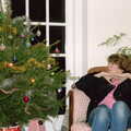 Helen considers the Christmas tree, Brockenhurst College Presentation and Christmas, Hampshire - 19th December 1985