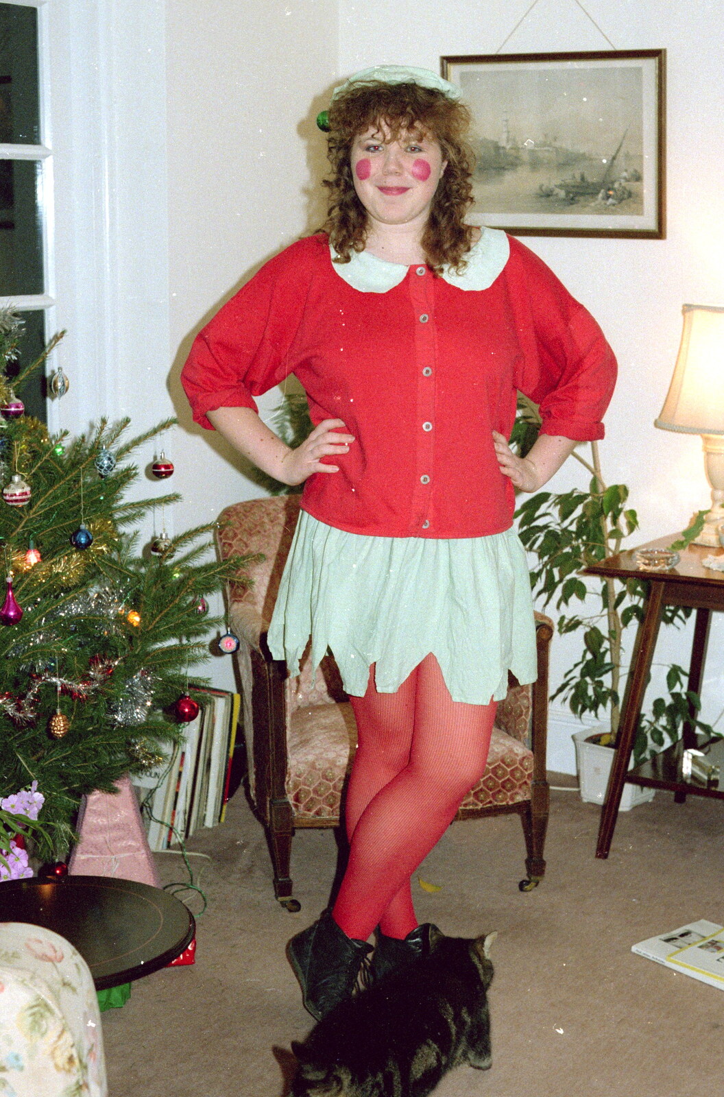 Sis dresses up as a Christmas elf from Brockenhurst College Presentation and Christmas, Hampshire - 19th December 1985