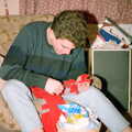 Jon snips up some knitwear, Ford Cottage Pre-Christmas, Barton on Sea, Hampshire - 19th December 1985