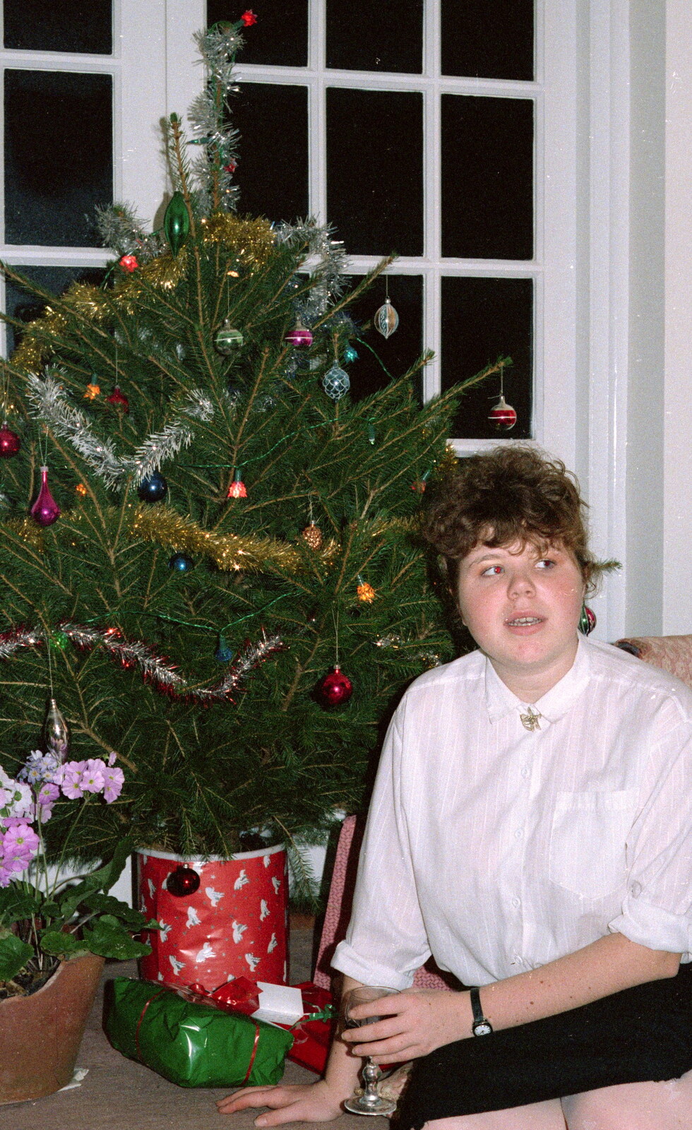Sis and a Christmas tree from Ford Cottage Pre-Christmas, Barton on Sea, Hampshire - 19th December 1985