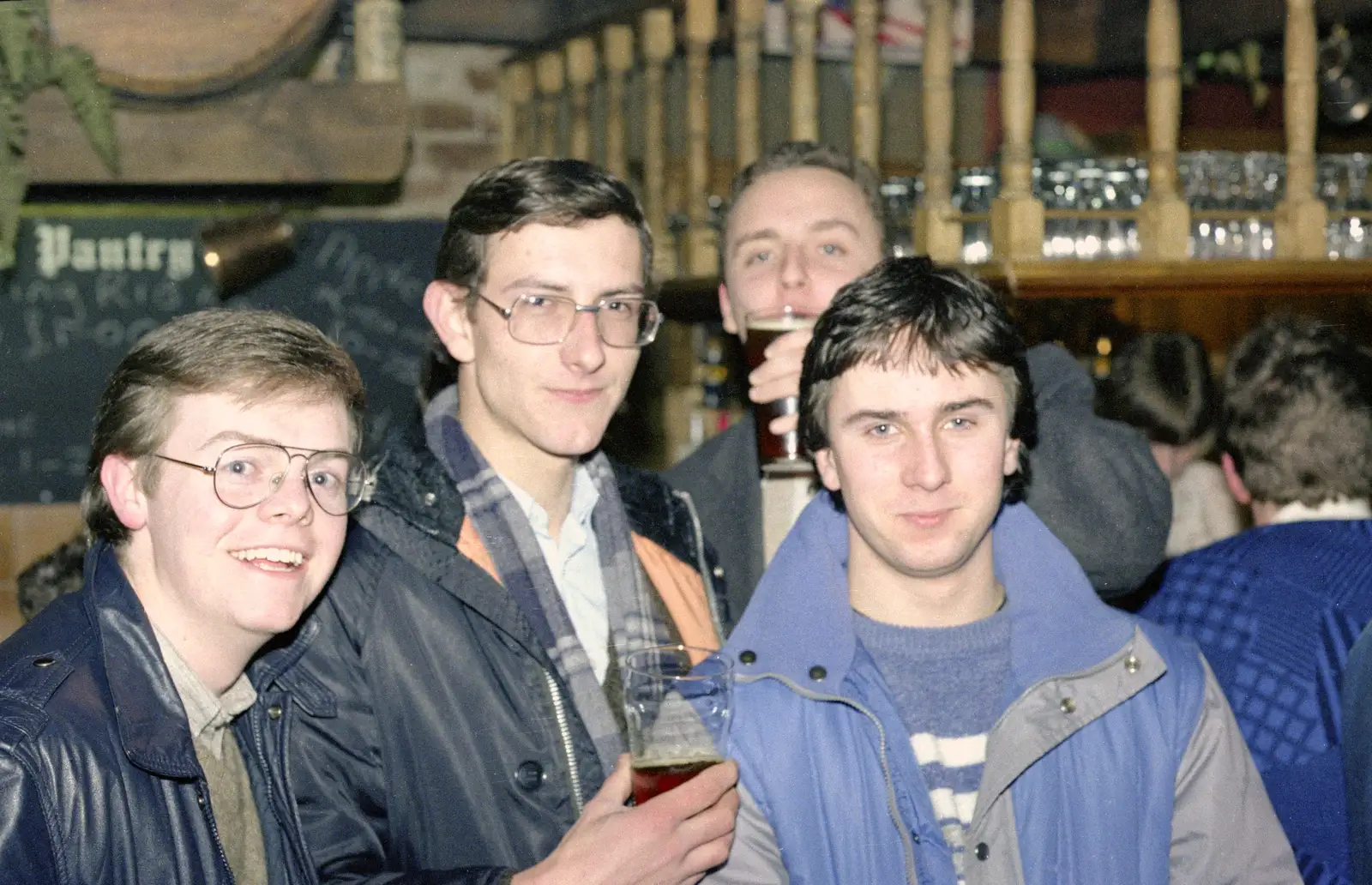 Dave, Dobbs, Andy and Riki in the JSV, from Uni: PPSU Sabbatical Election Hustings, Plymouth - 28th January 1986