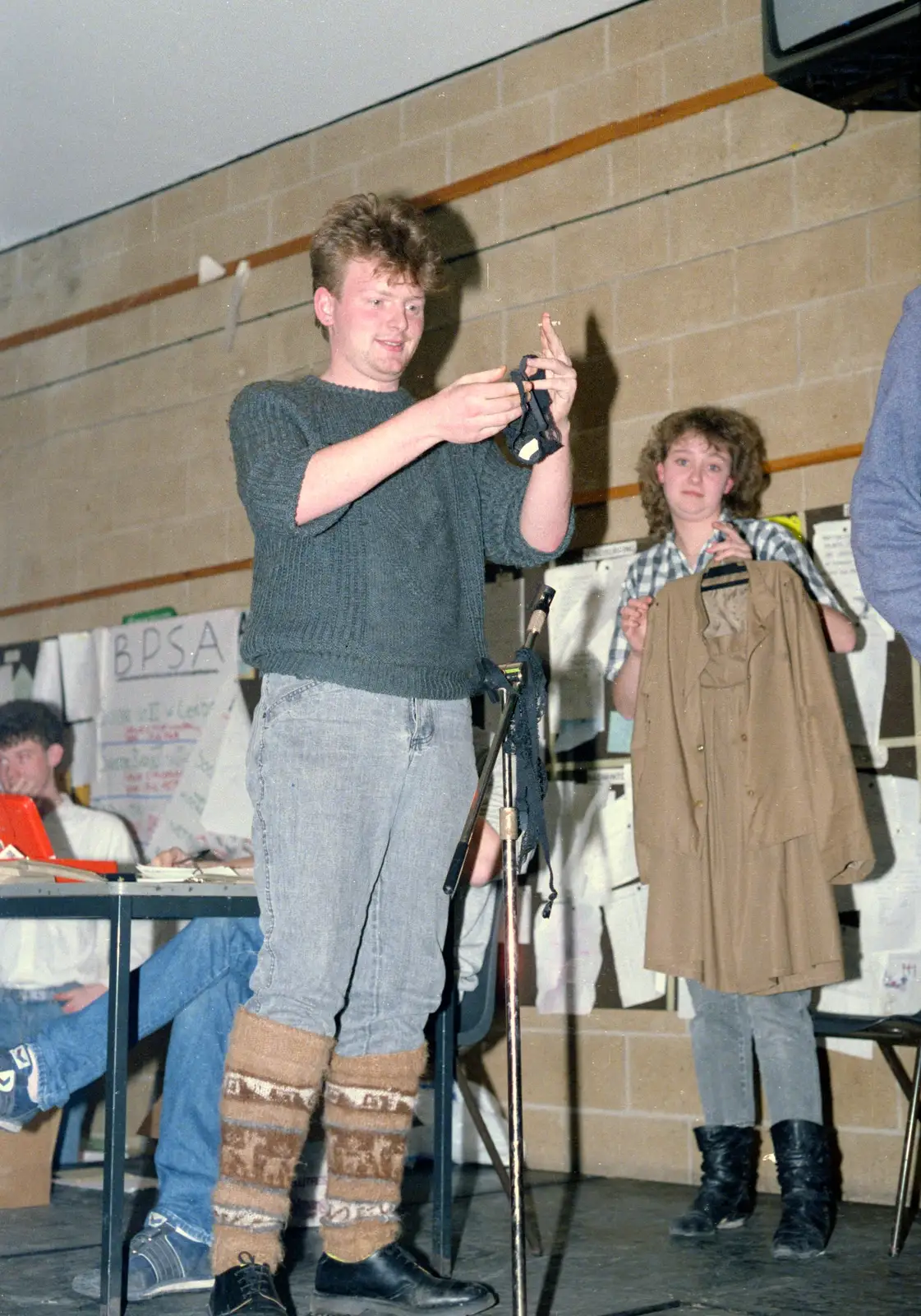 Alison Fleming holds up some clothing, from Uni: The PPSU "Jazz" RAG Review and Charity Auction, Plymouth, Devon - 10th February 1986