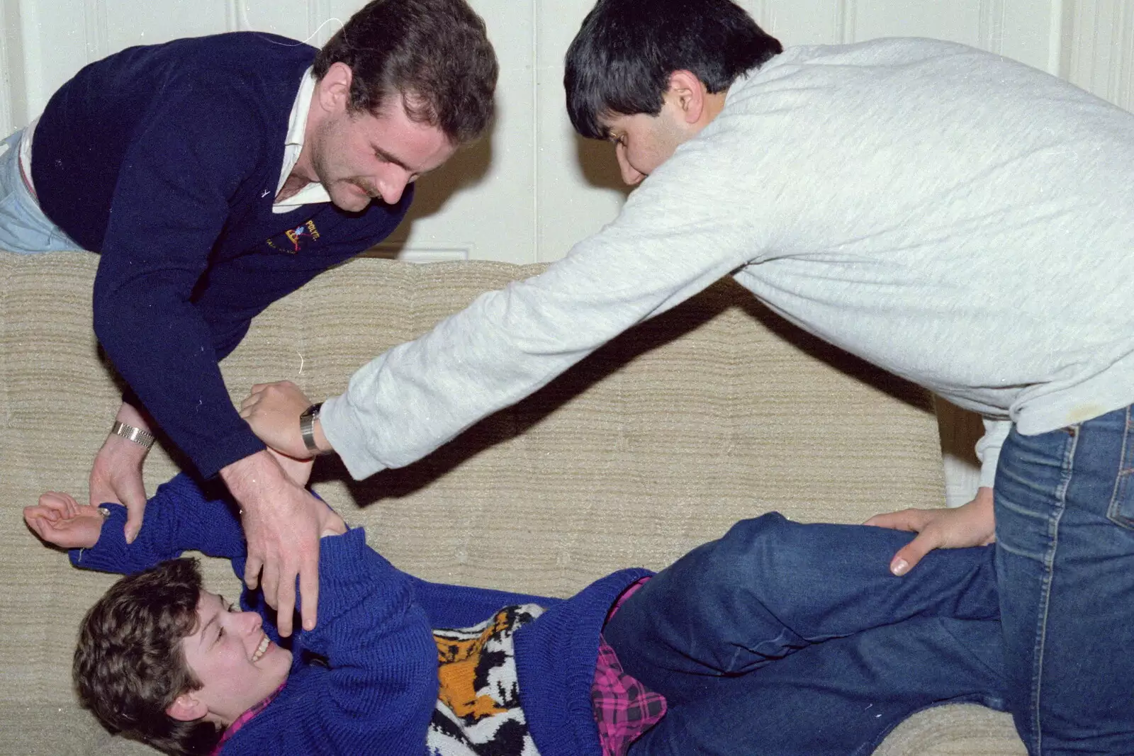 Mark and Frank bundle Barbara on the sofa, from Uni: RAG Week Abseil, Hitch Hike, and Beaumont Street Life Plymouth, Devon - 13th February 1986