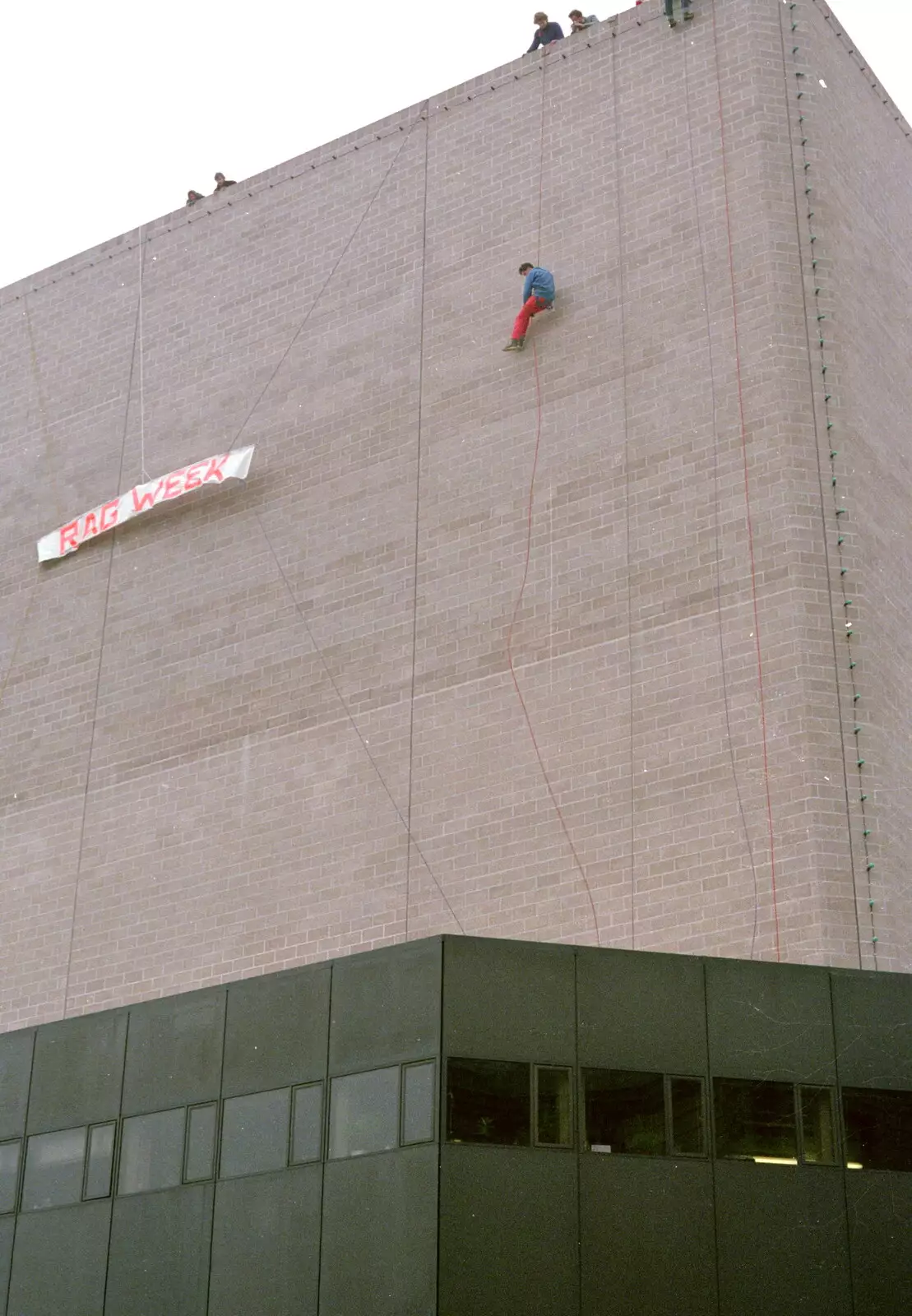 A RAG week sign is hung up on the Theatre Royal, from Uni: RAG Week Abseil, Hitch Hike, and Beaumont Street Life Plymouth, Devon - 13th February 1986