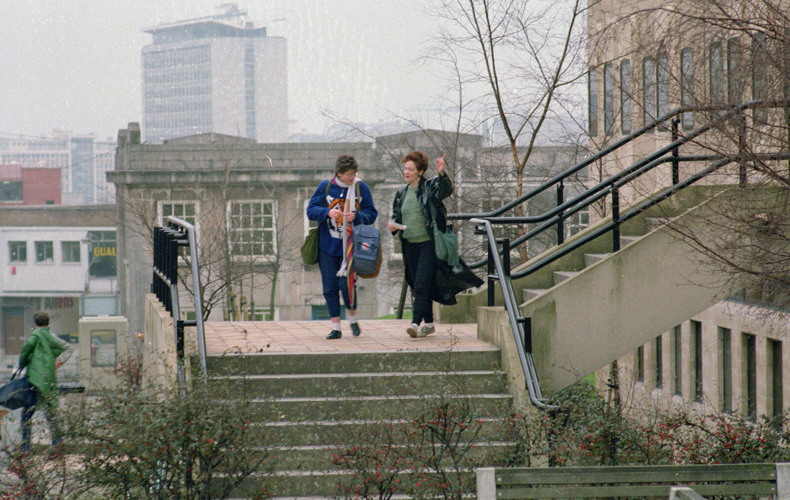 Barbara and a friend on the steps of the GTB from Uni: RAG Week Abseil, Hitch Hike, and Beaumont Street Life Plymouth, Devon - 13th February 1986