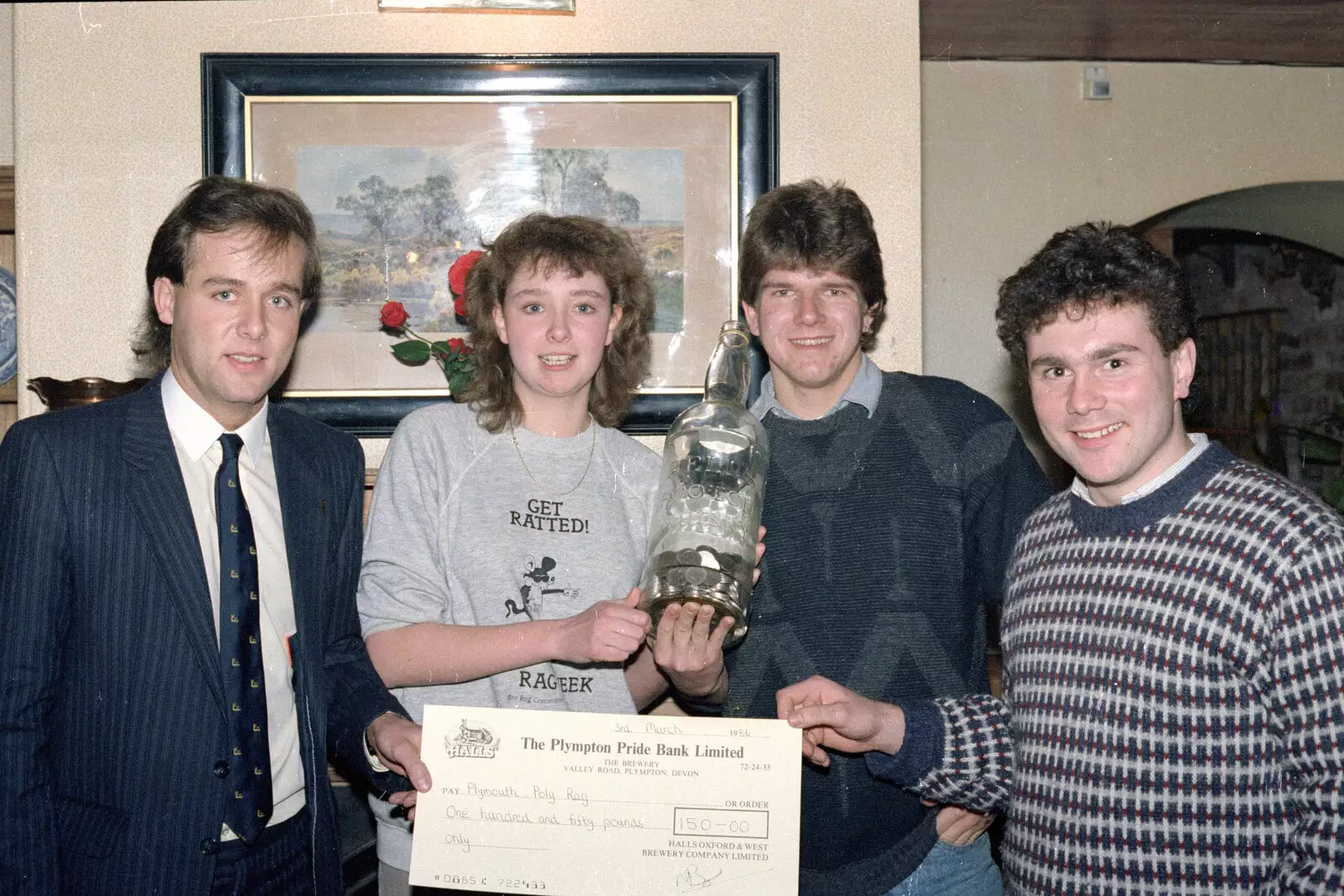 Halls Oxford and West presents a £150 cheque, from Uni: RAG Week Abseil, Hitch Hike, and Beaumont Street Life Plymouth, Devon - 13th February 1986