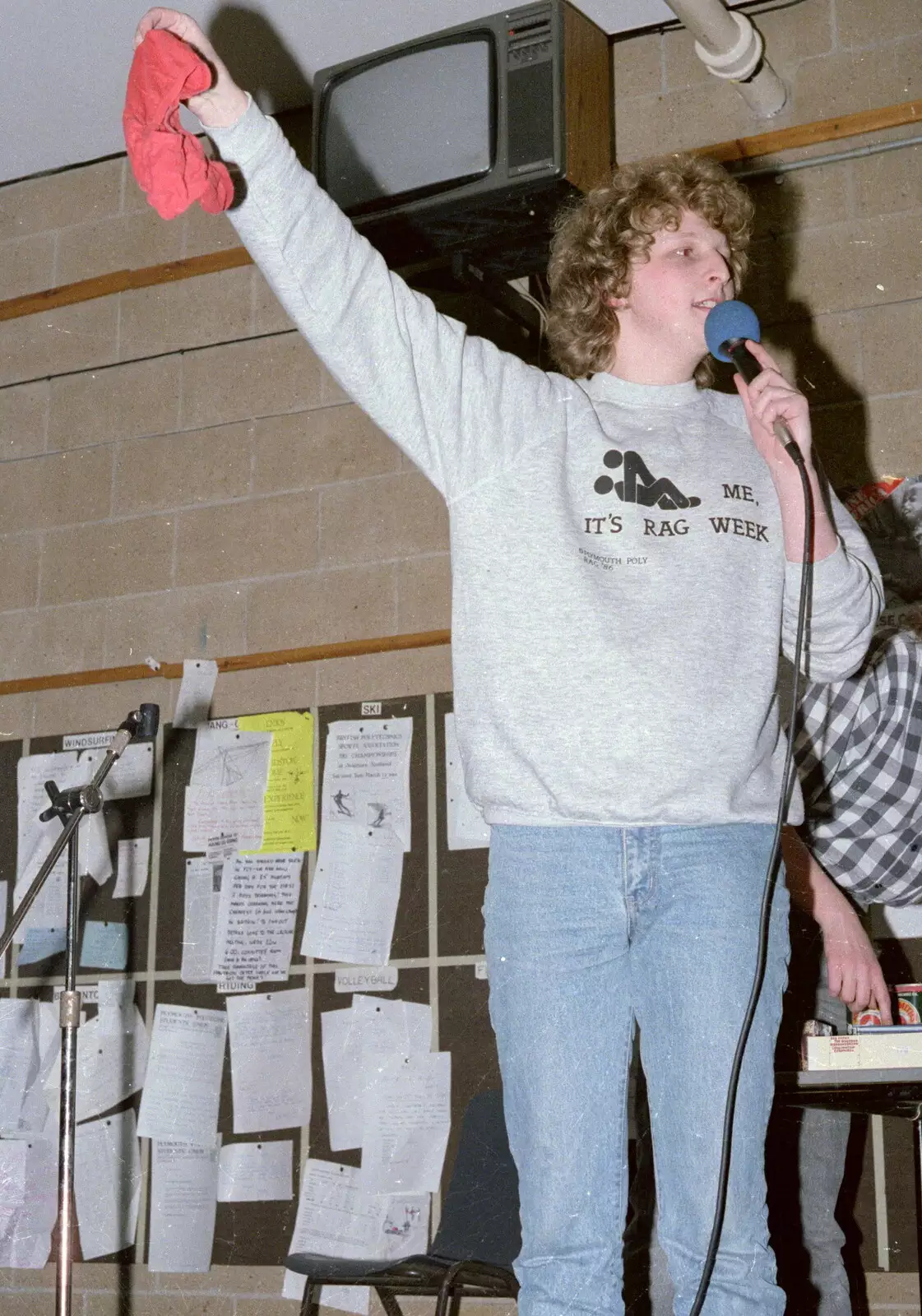 Rich Arnold holds up a pair of knickers, from Uni: Jazz RAG Hit Squad in Action, Plymouth - 14th February 1986