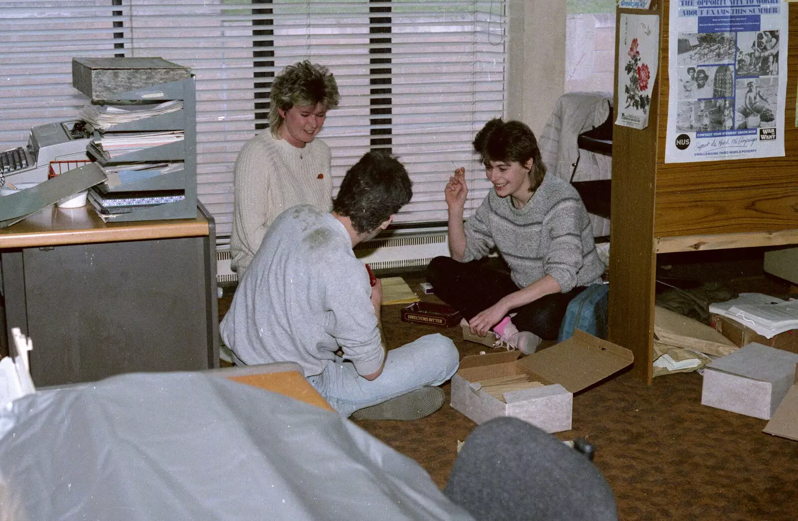 Karen and gang have a smoke in the SU office, from Uni: Jazz RAG Hit Squad in Action, Plymouth - 14th February 1986