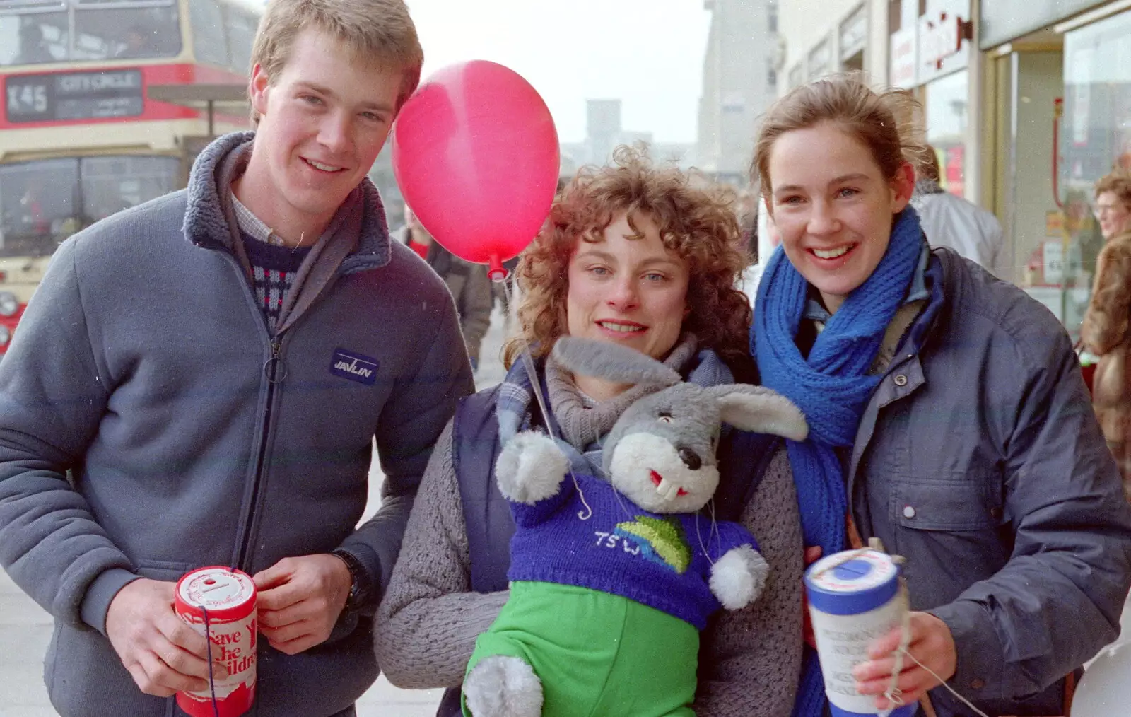 Gus and a couple of fundraisers, from Uni: PPSU "Jazz" RAG Street Parade, Plymouth, Devon - 17th February 1986