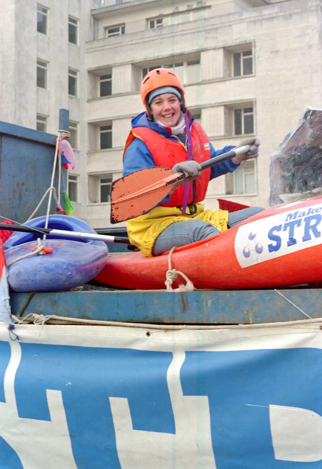 A canoe paddler, from Uni: PPSU "Jazz" RAG Street Parade, Plymouth, Devon - 17th February 1986