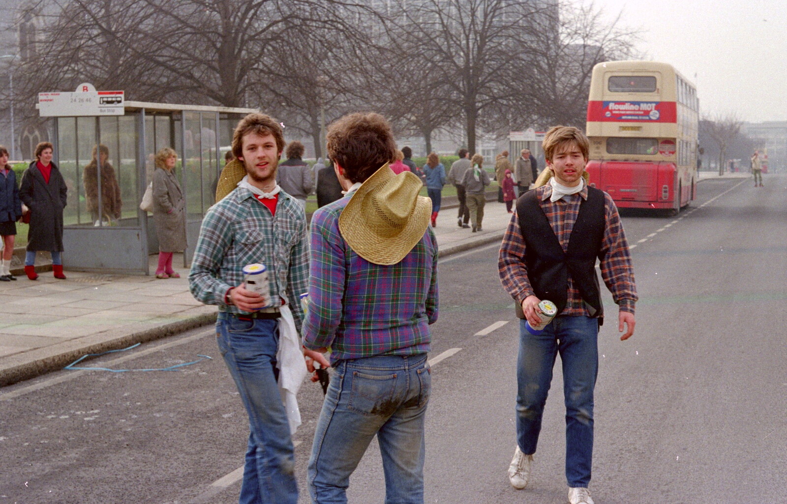 Some cowboys on Royal Parade from Uni: PPSU "Jazz" RAG Street Parade, Plymouth, Devon - 17th February 1986