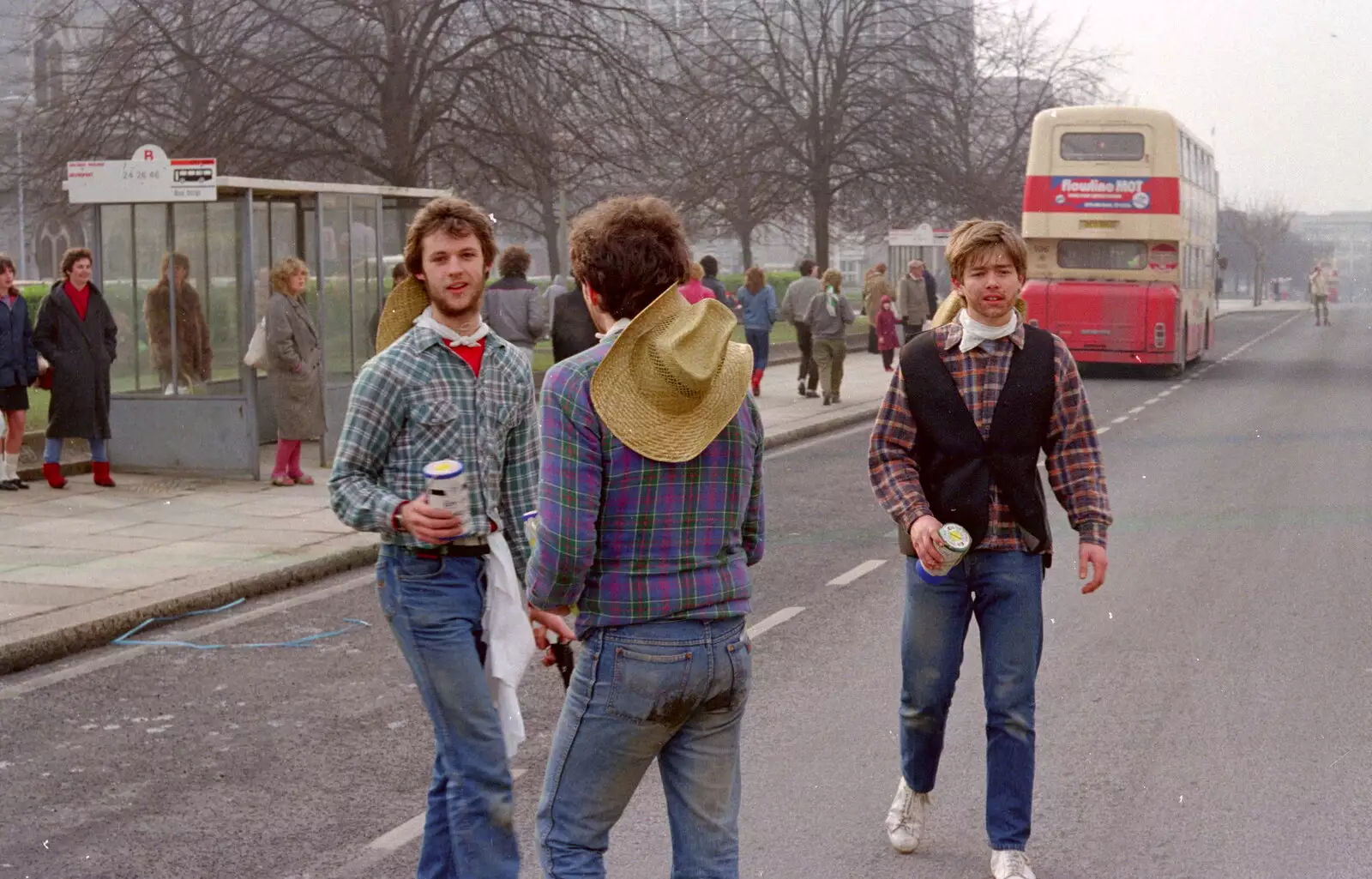 Some cowboys on Royal Parade, from Uni: PPSU "Jazz" RAG Street Parade, Plymouth, Devon - 17th February 1986