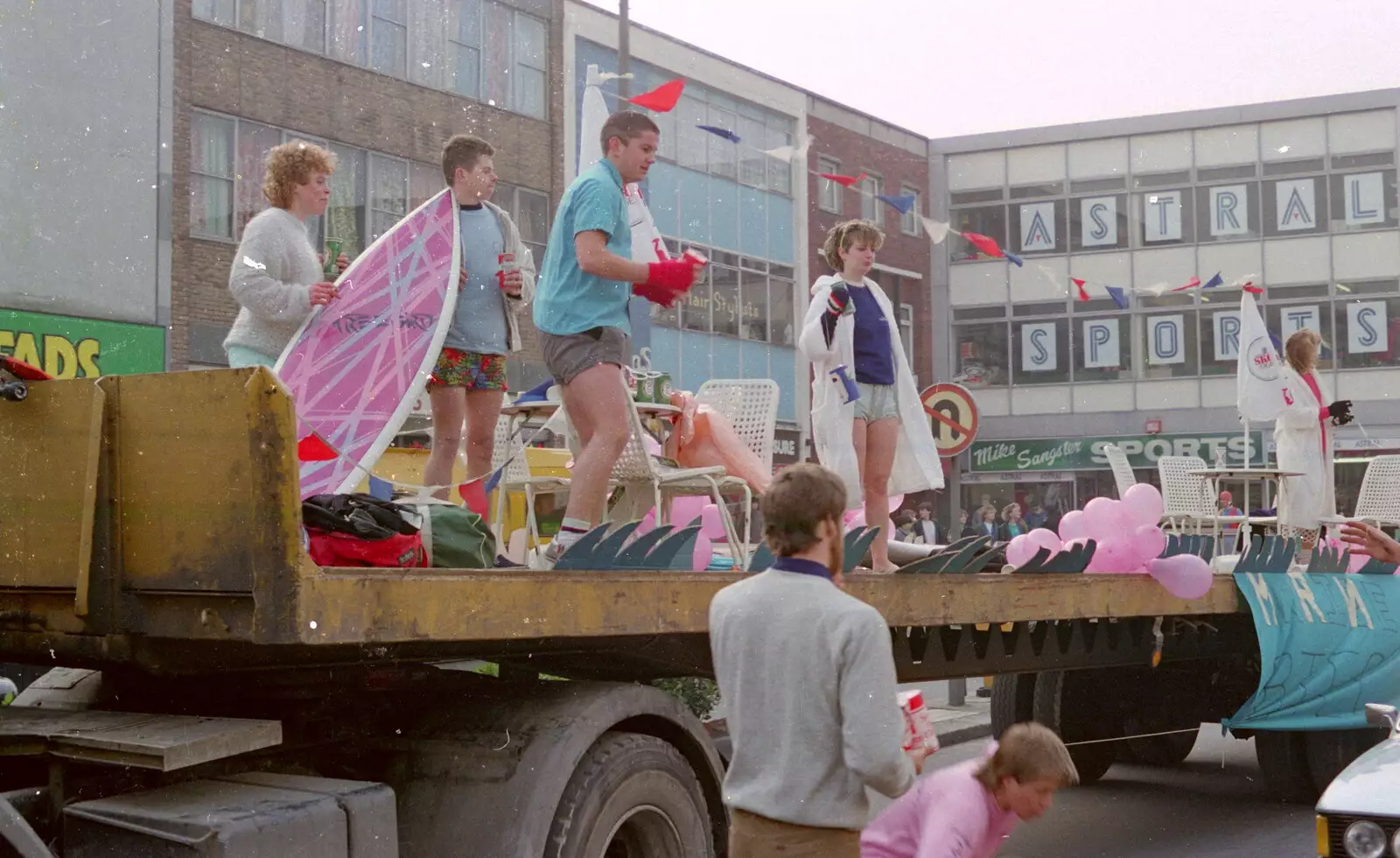 The surfing club at the top of Cornwall Street, from Uni: PPSU "Jazz" RAG Street Parade, Plymouth, Devon - 17th February 1986