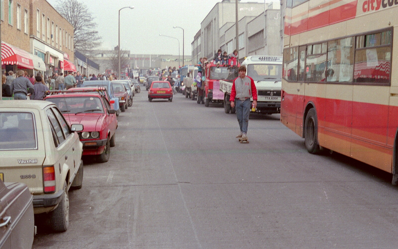Skateboarding down Cornwall Street from Uni: PPSU "Jazz" RAG Street Parade, Plymouth, Devon - 17th February 1986