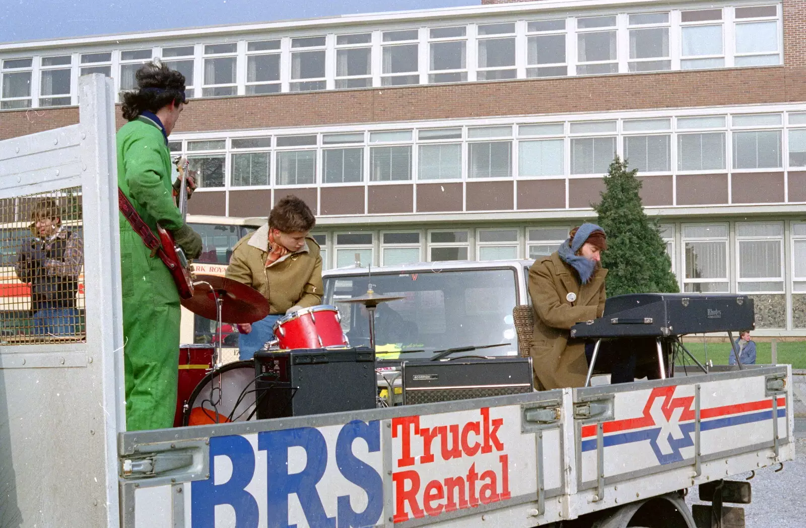 A band on a van outside the Engineering Block, from Uni: PPSU "Jazz" RAG Street Parade, Plymouth, Devon - 17th February 1986