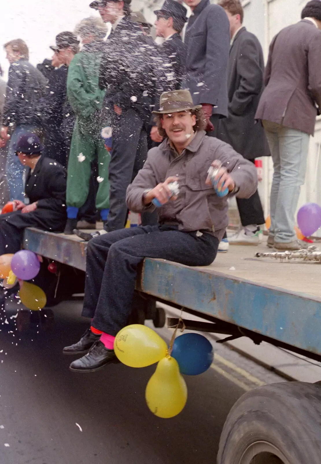 Sam Kennedy sprays some shaving foam, from Uni: PPSU "Jazz" RAG Street Parade, Plymouth, Devon - 17th February 1986