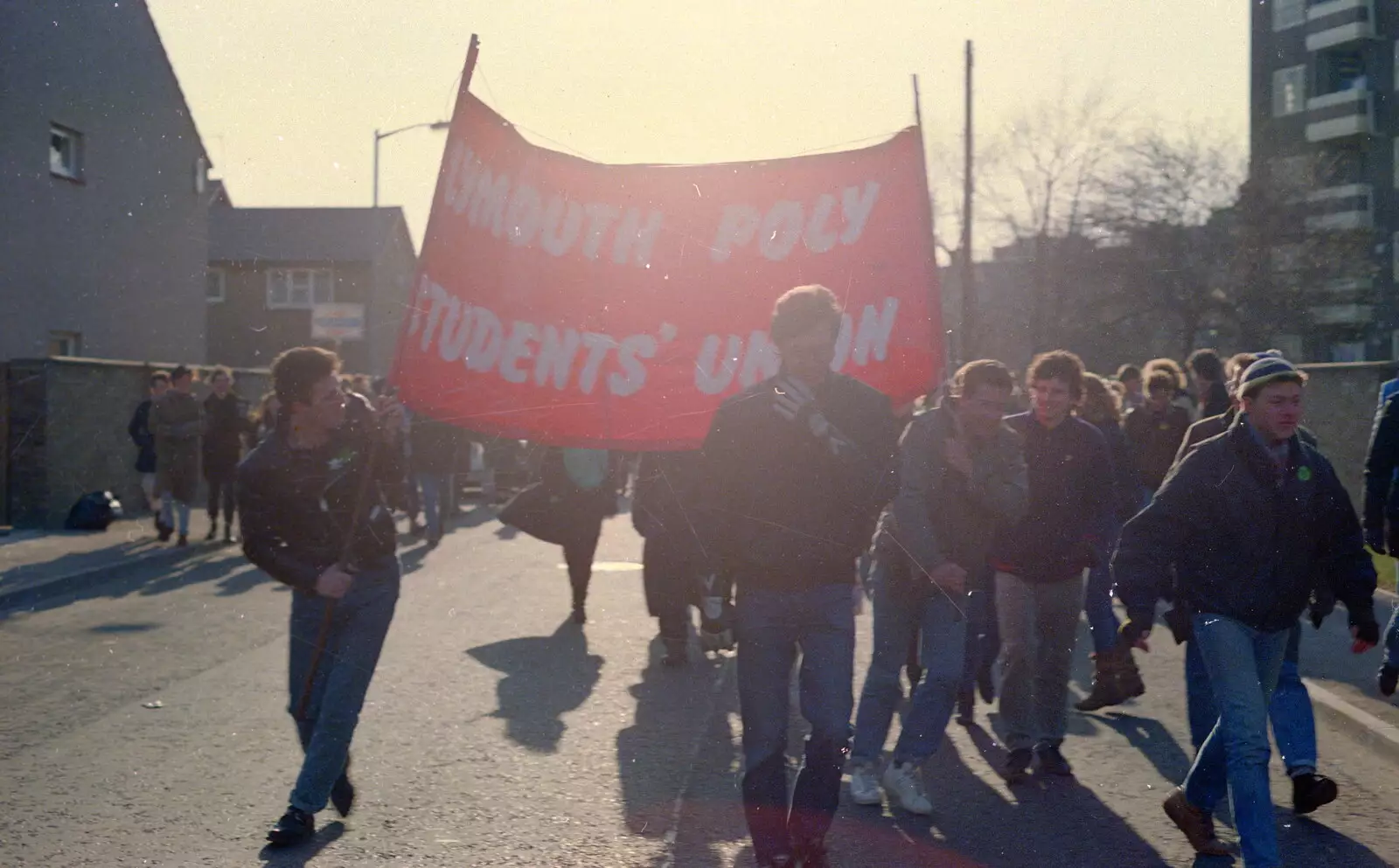 Contra-jour of marching students, from Uni: No Chance Fowler! A student Demonstration, London - 26th February 1986