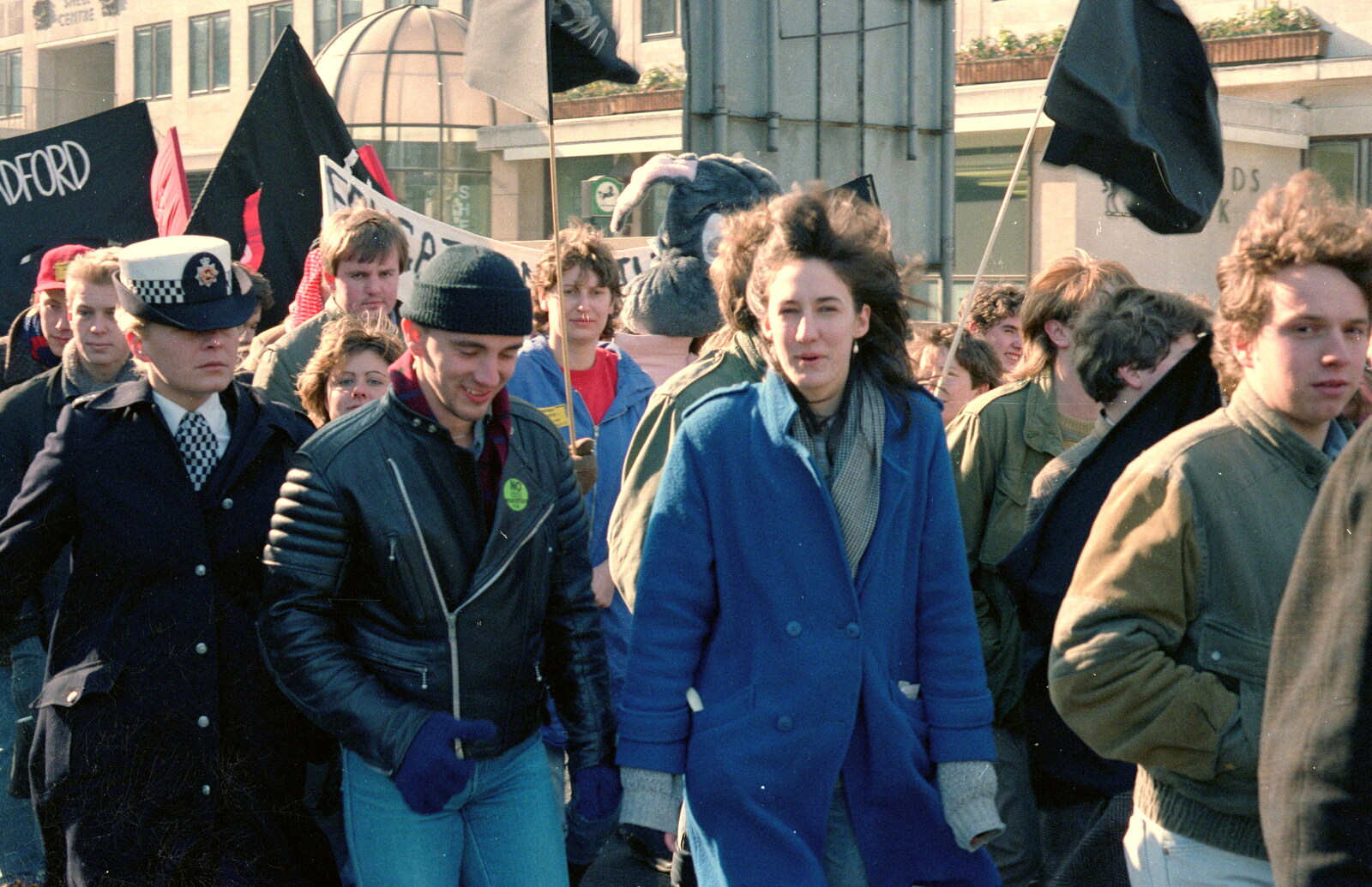 A policewoman accompanies the crowd from Uni: No Chance Fowler! A student Demonstration, London - 26th February 1986