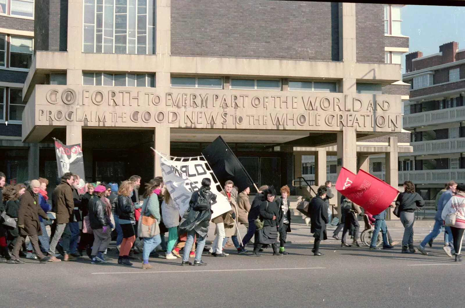 The demo passes by Partnership House on Waterloo Road, from Uni: No Chance Fowler! A student Demonstration, London - 26th February 1986