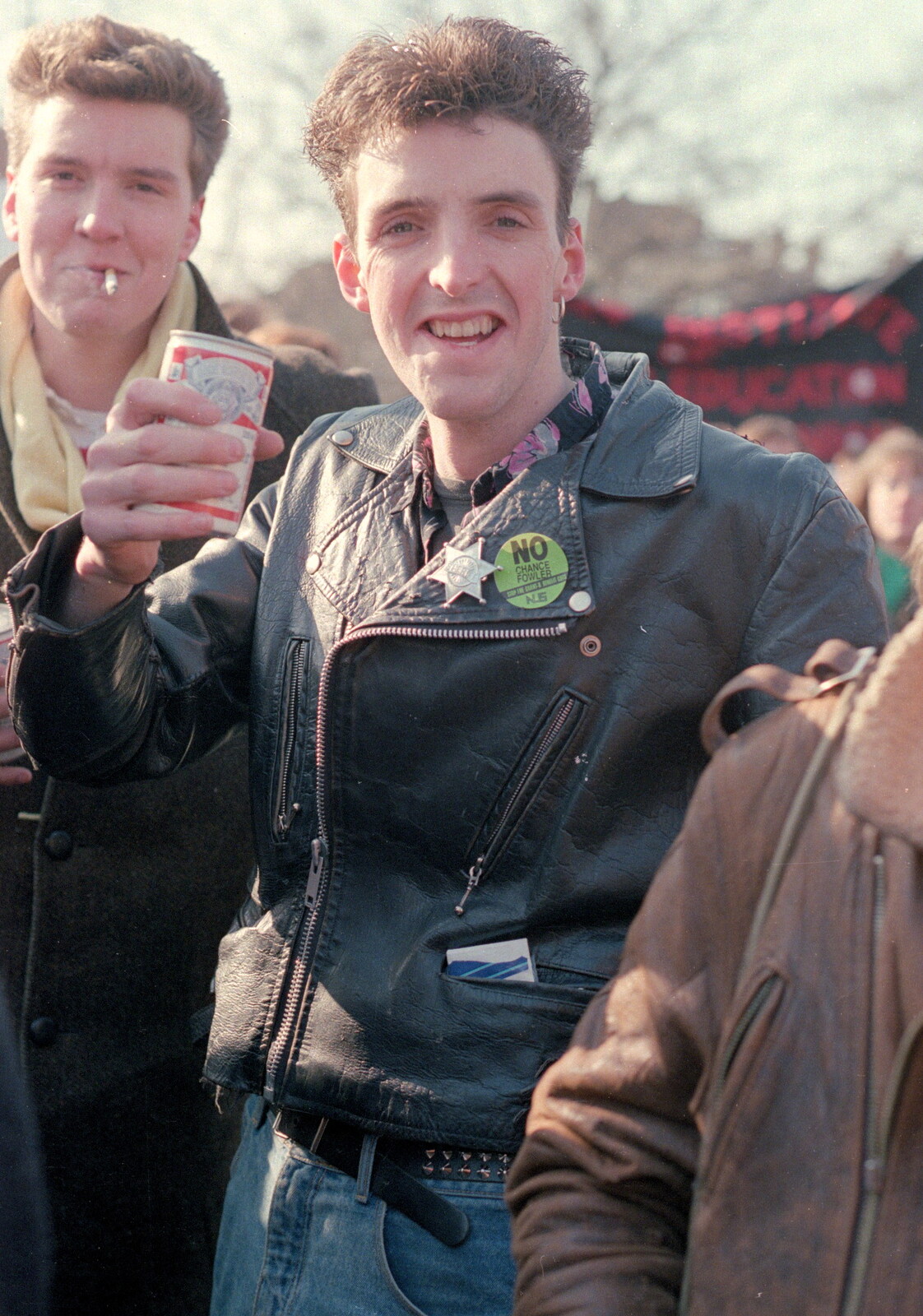 Grant Thornton swigs from a can of Budweiser from Uni: No Chance Fowler! A student Demonstration, London - 26th February 1986