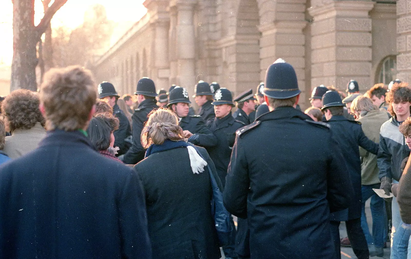 Police and students mill around at Temple Place, from Uni: No Chance Fowler! A student Demonstration, London - 26th February 1986