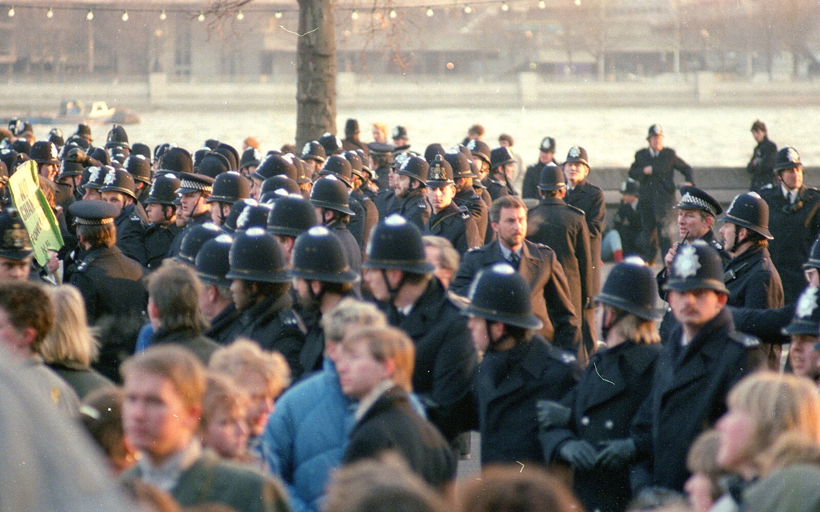 Massed police at Temple Place, on the Embankment from Uni: No Chance Fowler! A student Demonstration, London - 26th February 1986