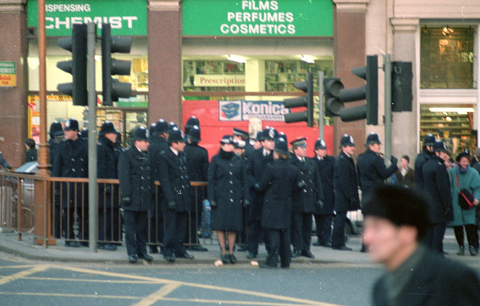 Police outside a shop on Trafalgar Square from Uni: No Chance Fowler! A student Demonstration, London - 26th February 1986