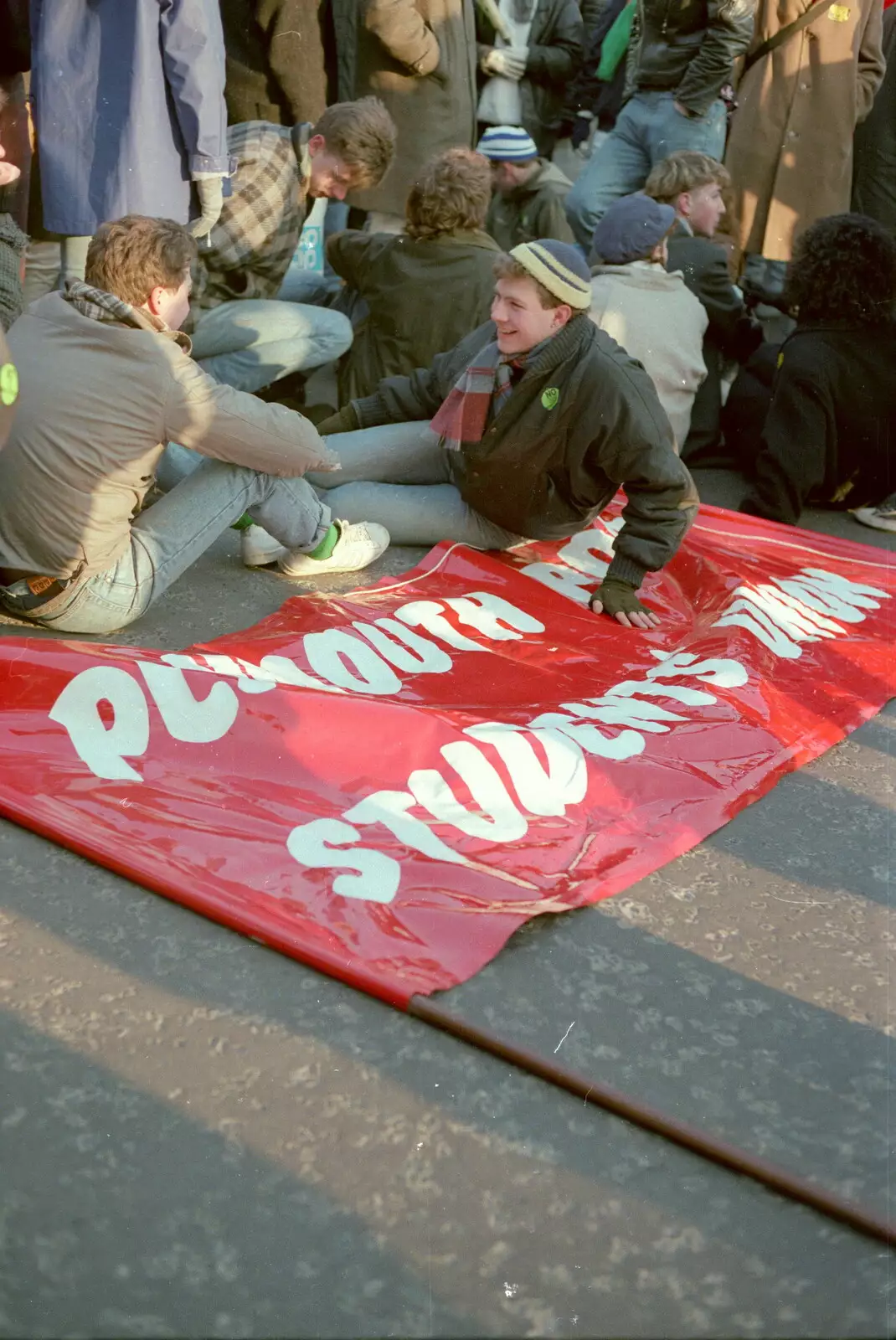 A sit-in on the Plymouth Poly Students' Union banner, from Uni: No Chance Fowler! A student Demonstration, London - 26th February 1986