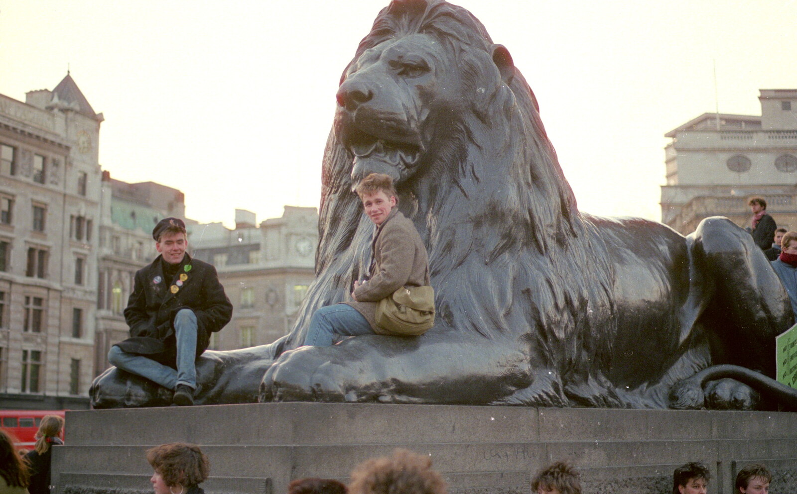 Occupying the Trafalgar lions from Uni: No Chance Fowler! A student Demonstration, London - 26th February 1986