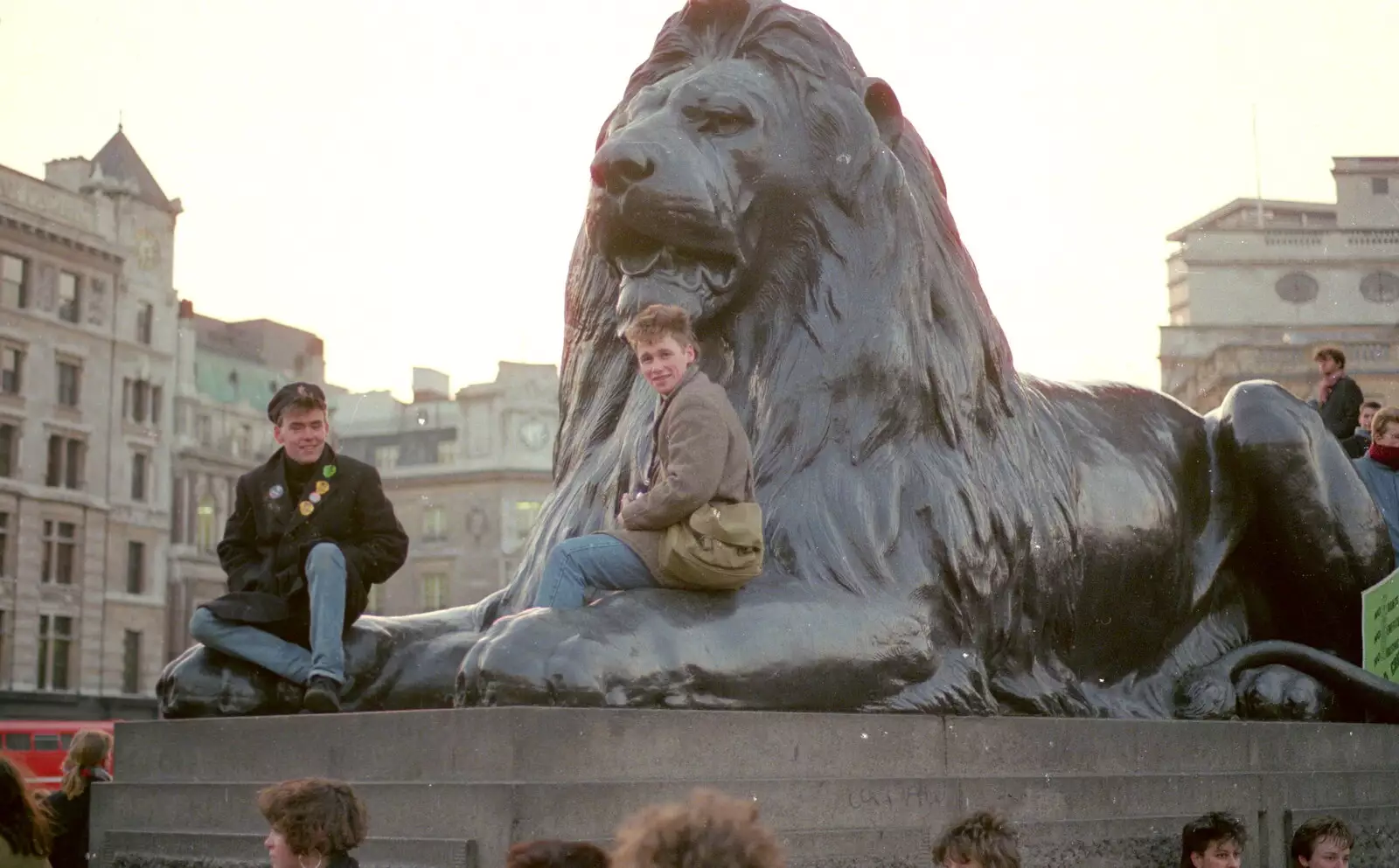 Occupying the Trafalgar lions, from Uni: No Chance Fowler! A student Demonstration, London - 26th February 1986