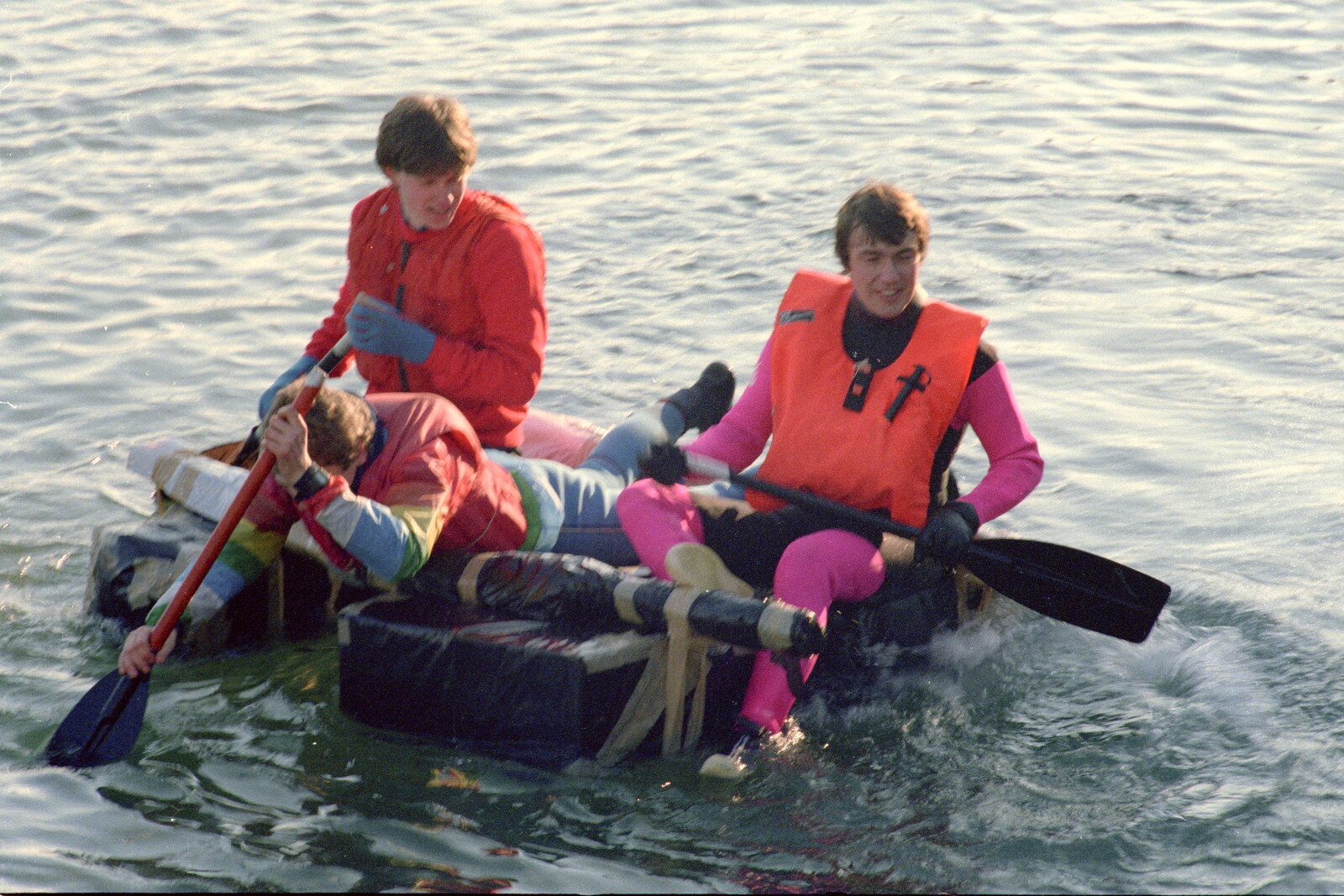 Floating around on a makeshift raft from Uni: Canoe Society RAG Raft Madness, Plymouth Sound - 1st March 1986