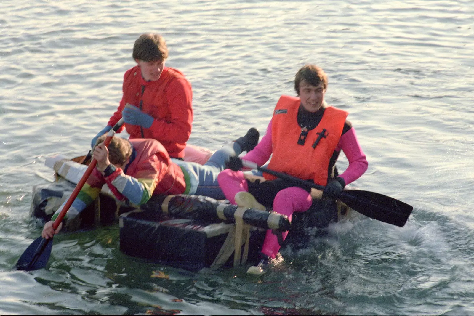 Floating around on a makeshift raft, from Uni: Canoe Society RAG Raft Madness, Plymouth Sound - 1st March 1986