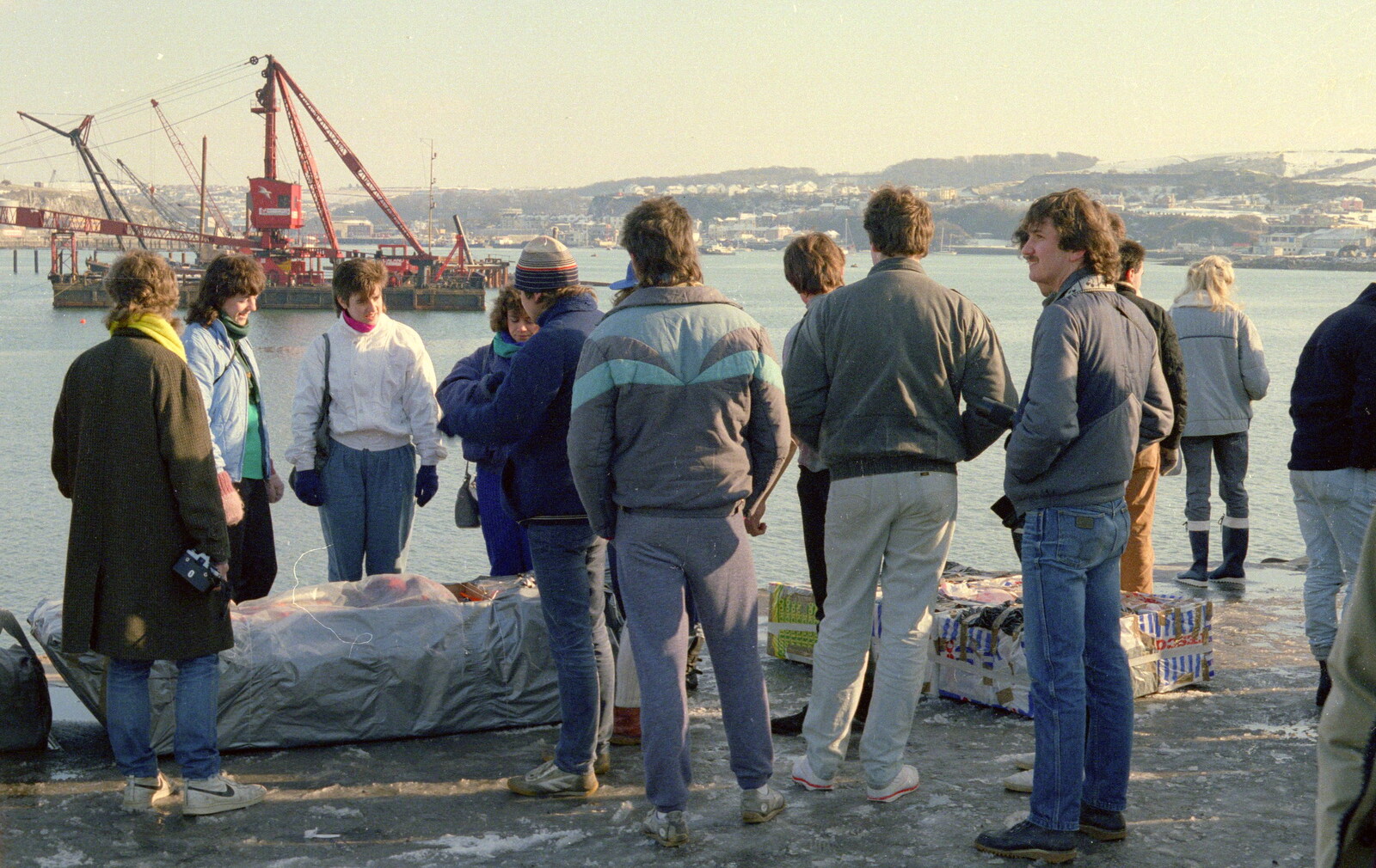 The rafts are inspected from Uni: Canoe Society RAG Raft Madness, Plymouth Sound - 1st March 1986