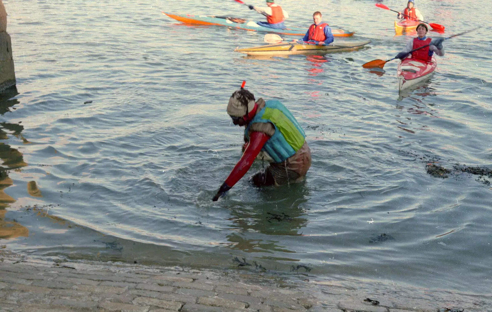 Another rafter staggers back in, from Uni: Canoe Society RAG Raft Madness, Plymouth Sound - 1st March 1986