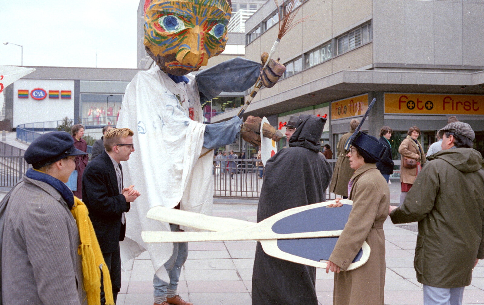Roaming about with a giant pair of scissors from Uni: A Van Gogh Grant Cuts Protest, Plymouth, Devon - 1st March 1986