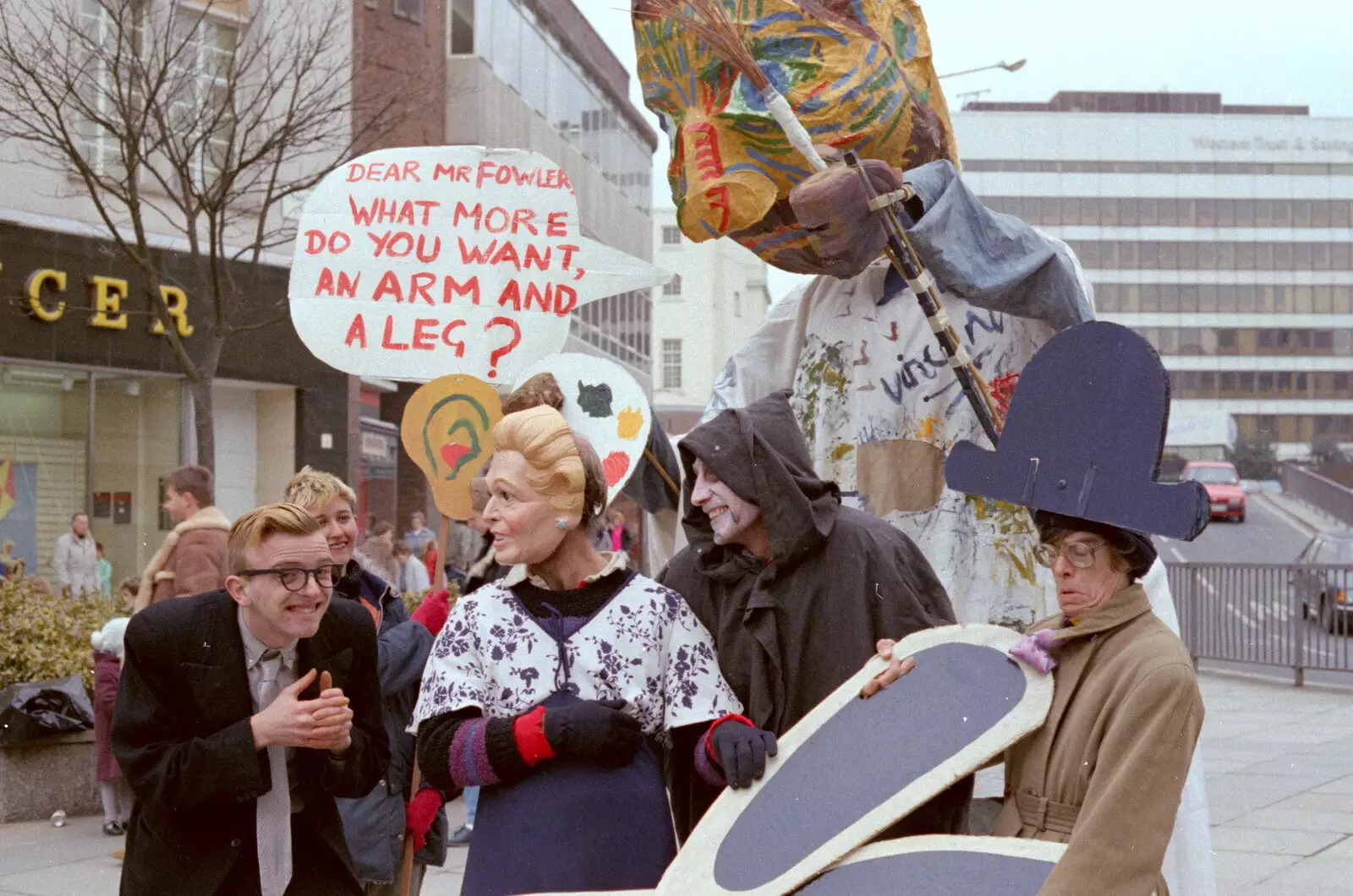 Someone does an impression of Norman Fowler, from Uni: A Van Gogh Grant Cuts Protest, Plymouth, Devon - 1st March 1986