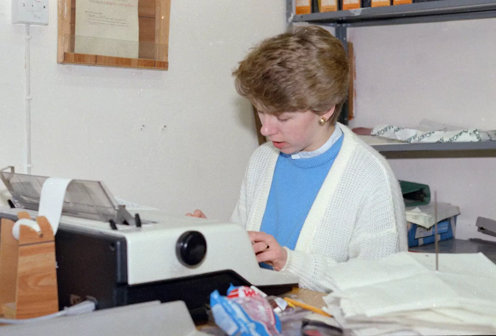 Typing up a bit of Fly on 4' rolls of paper, from Uni: A Van Gogh Grant Cuts Protest, Plymouth, Devon - 1st March 1986