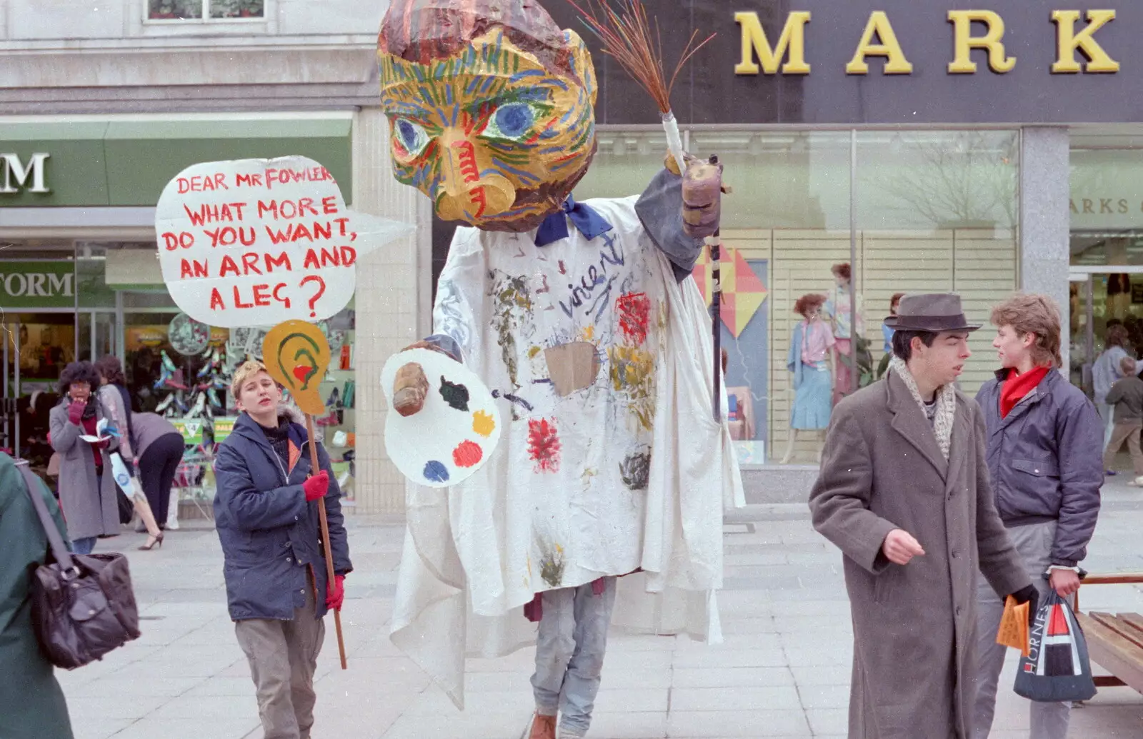 Vincent outside Marks and Spencer, from Uni: A Van Gogh Grant Cuts Protest, Plymouth, Devon - 1st March 1986