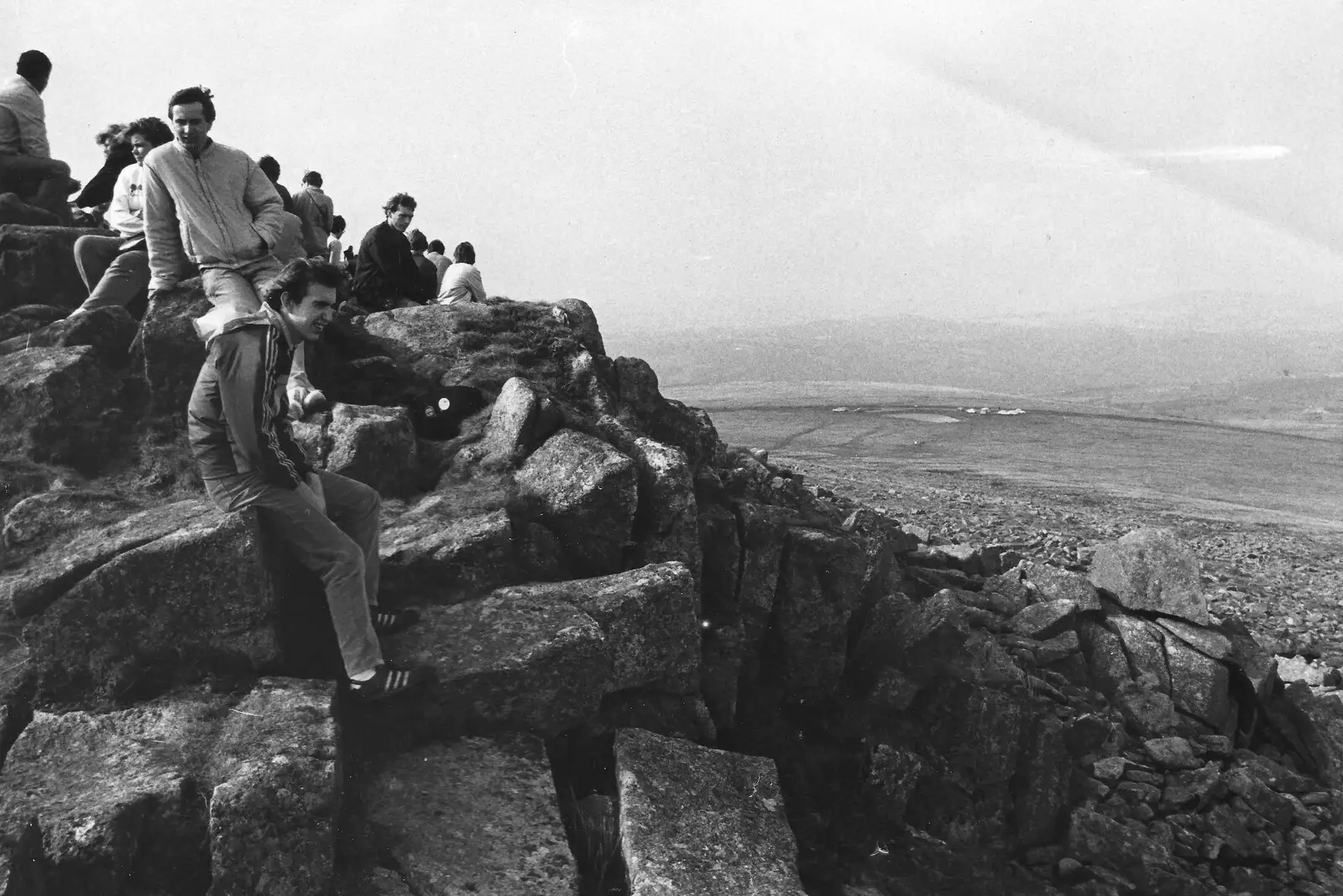 Riki and Dave on a tor, from Uni: The First Year in Black and White, Plymouth Polytechnic, Devon - 8th April 1986