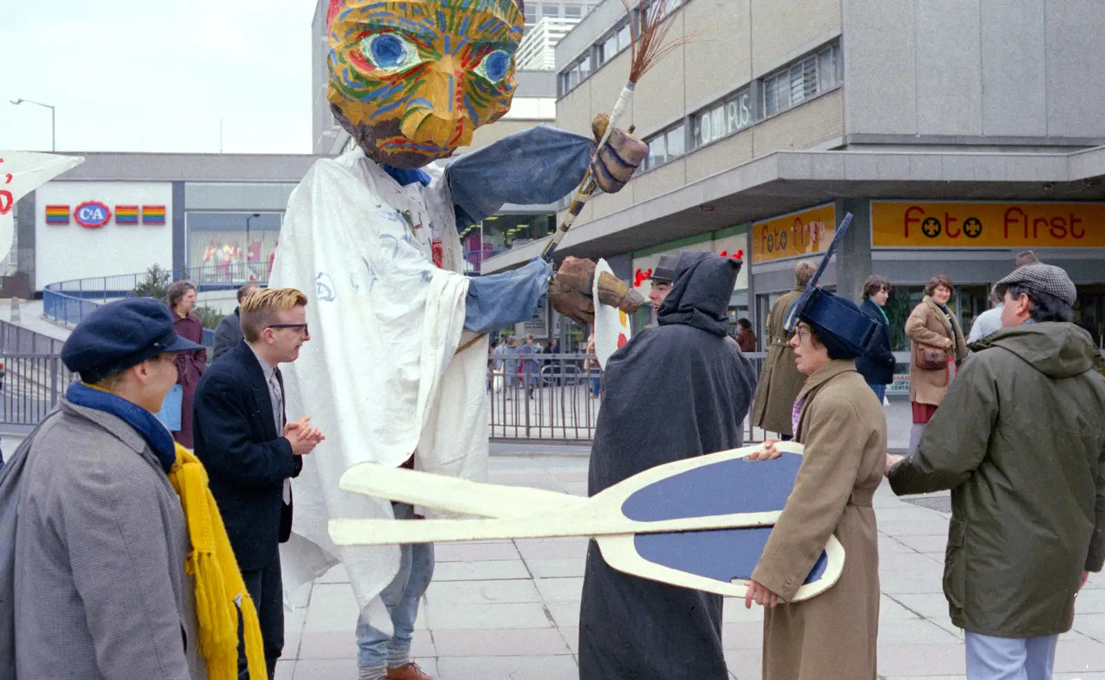 Roaming about with a giant pair of scissors, from Uni: A Van Gogh Grant Cuts Protest, Plymouth, Devon - 8th March 1986