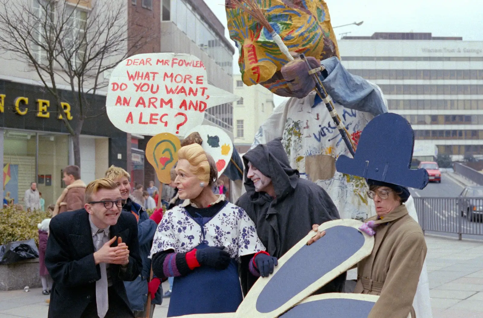 Someone does an impression of Norman Fowler, from Uni: A Van Gogh Grant Cuts Protest, Plymouth, Devon - 8th March 1986