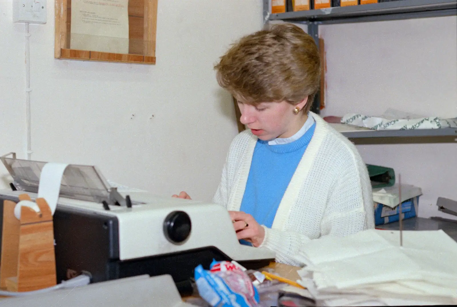 Typing up a bit of Fly on 4' rolls of paper, from Uni: A Van Gogh Grant Cuts Protest, Plymouth, Devon - 8th March 1986