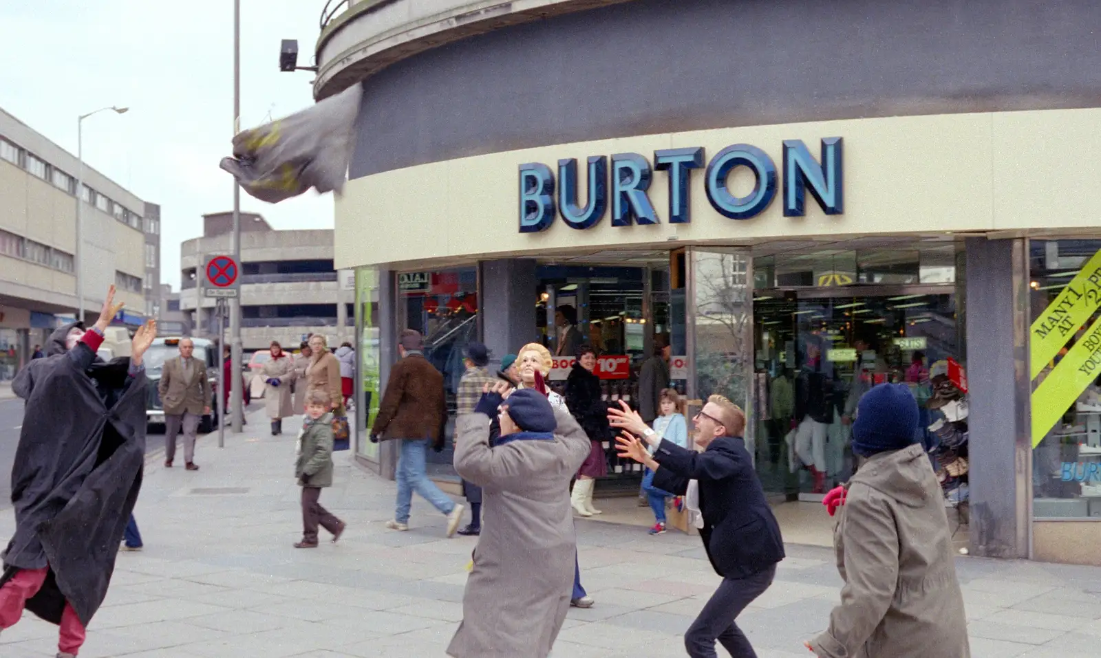 A sack is hurled around outside Burton, from Uni: A Van Gogh Grant Cuts Protest, Plymouth, Devon - 8th March 1986