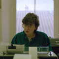 Barbara helps type up a bit of Fly, Uni: A Night In The Bank and Fly Magazine, Plymouth Polytechnic, Devon - March 10th 1986