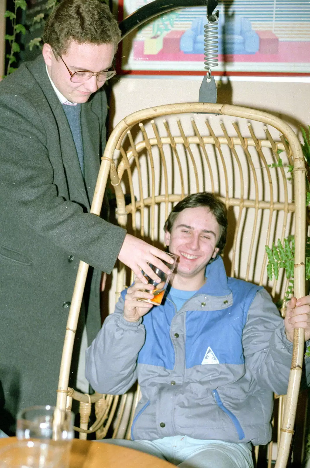 Andy tries to pinch Rik's pint of cider, from Uni: A Night In The Bank and Fly Magazine, Plymouth Polytechnic, Devon - March 10th 1986