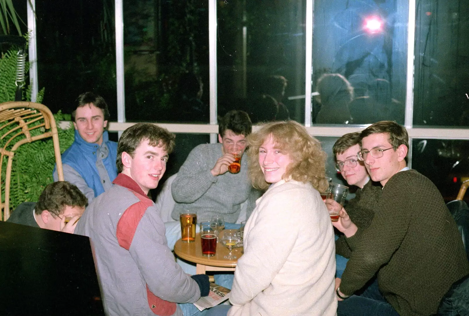 The gang in the Bank's conservatory, from Uni: A Night In The Bank and Fly Magazine, Plymouth Polytechnic, Devon - March 10th 1986