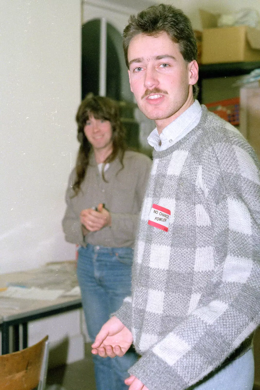 Mark Wilkins with a 'No chance, Fowler' sticker , from Uni: A Night In The Bank and Fly Magazine, Plymouth Polytechnic, Devon - March 10th 1986