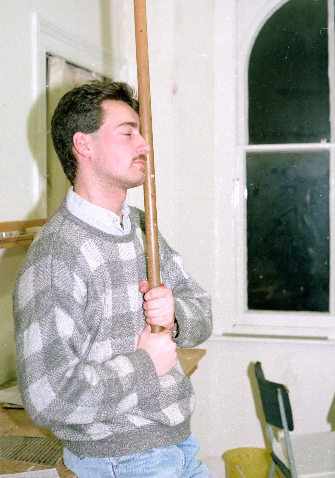 Mark Wilkins really likes his pole, from Uni: A Night In The Bank and Fly Magazine, Plymouth Polytechnic, Devon - March 10th 1986