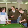 Riki, Dobbs and Dave down in the SU games room, Uni: A Night In The Bank and Fly Magazine, Plymouth Polytechnic, Devon - March 10th 1986