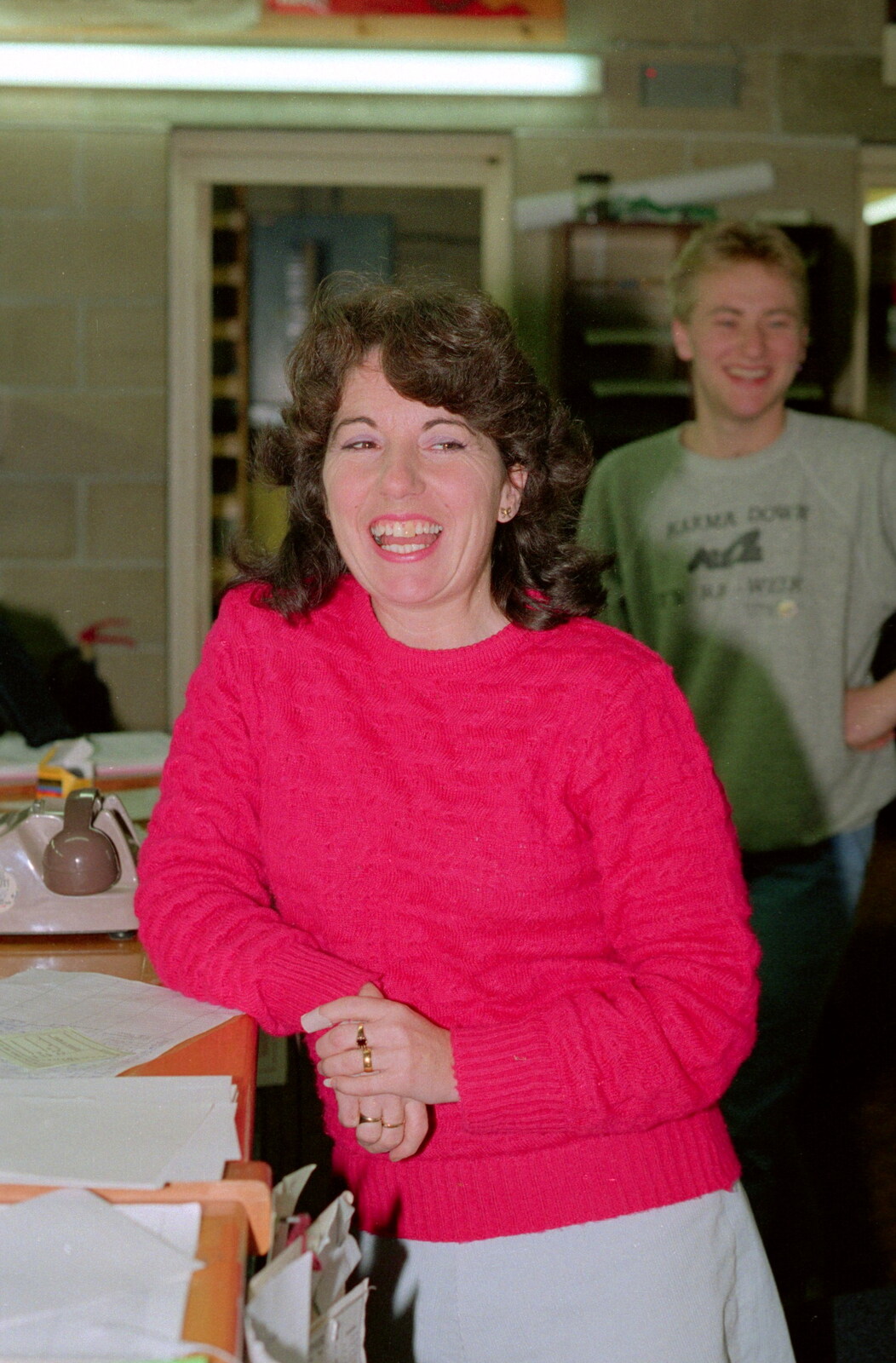 Maureen leans on the office counter from Uni: PPSU Office Staff and a Night in the Students' Union Bar, Plymouth - 15th March 1986